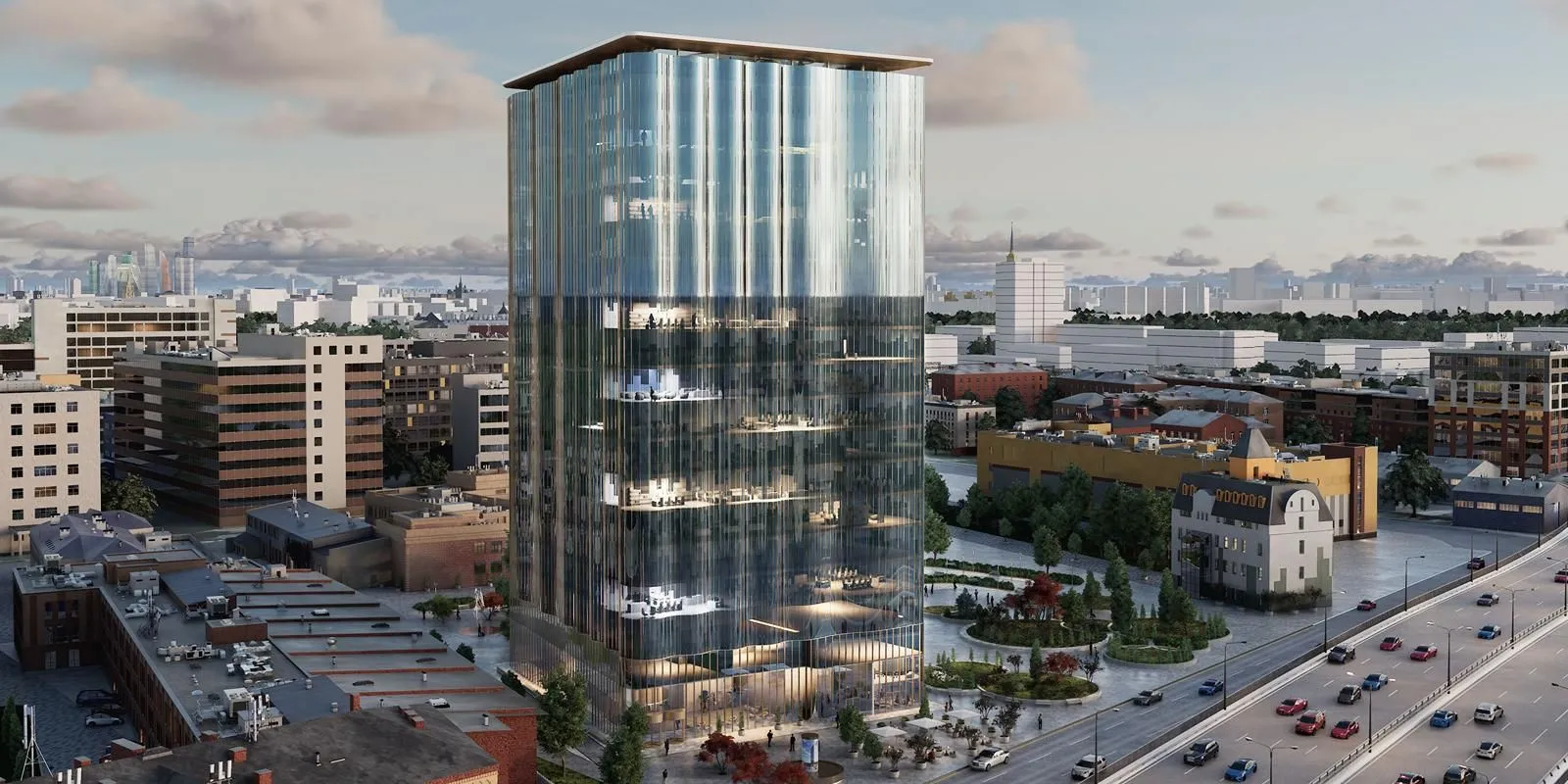 Башня K-CITY в городской застройке, рендер проекта